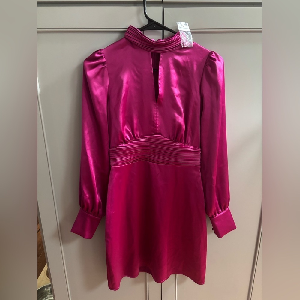 NWT Versona Lincoln Satin Pink Sheath Dress with Bishop Sleeves sz 0